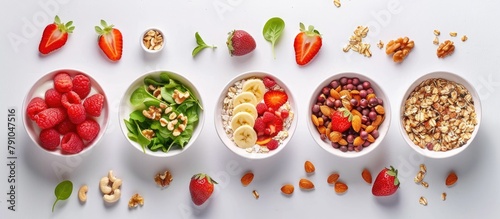 A healthy food concept featuring breakfast consisting of muesli, strawberry salad, fresh fruit, and nuts displayed on a white background in a flat lay top view.