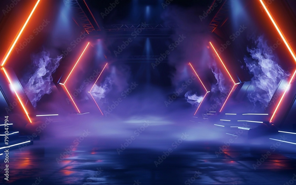 Fototapeta premium Close up Illuminated stage with scenic lights and smoke volume. Blue purple spotlight with neon effect on dark background. Realistic modern 3d empty minimal scene mockup design