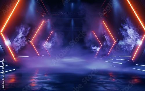 Close up Illuminated stage with scenic lights and smoke volume. Blue purple spotlight with neon effect on dark background. Realistic modern 3d empty minimal scene mockup design