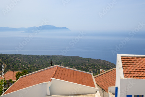 The mountain village of Nikia – characteristic Greek isles architecture, views of a Aegean Sea