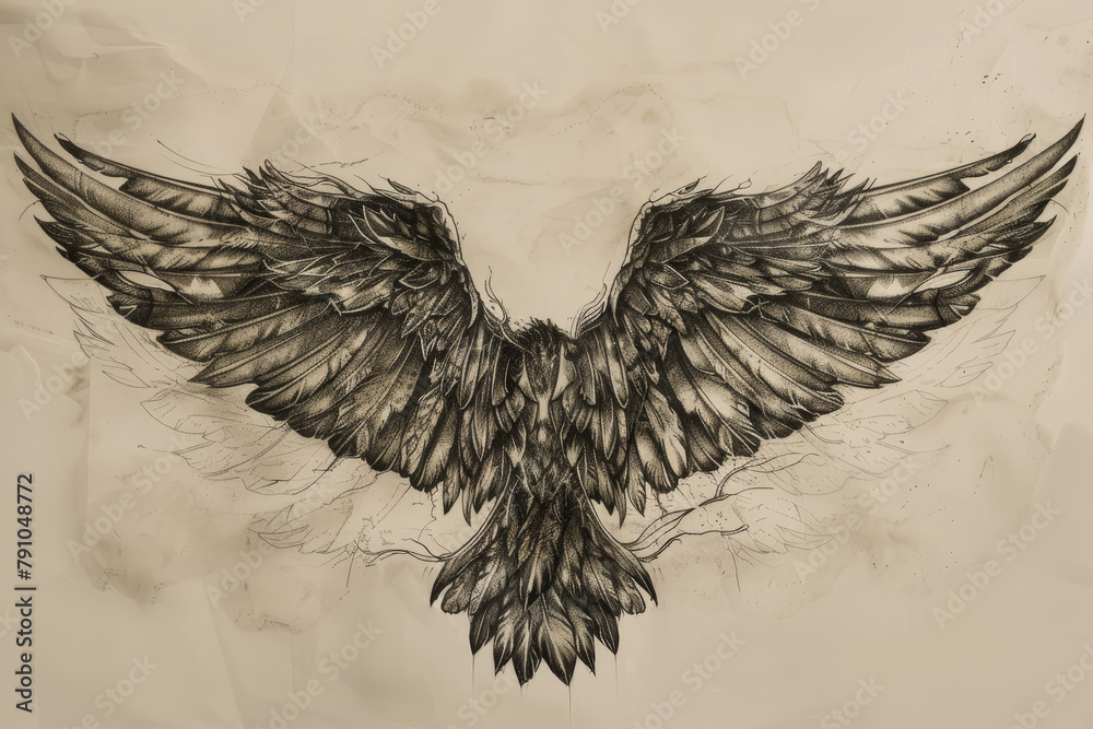 Naklejka premium A black and white drawing of an eagle with its wings spread out
