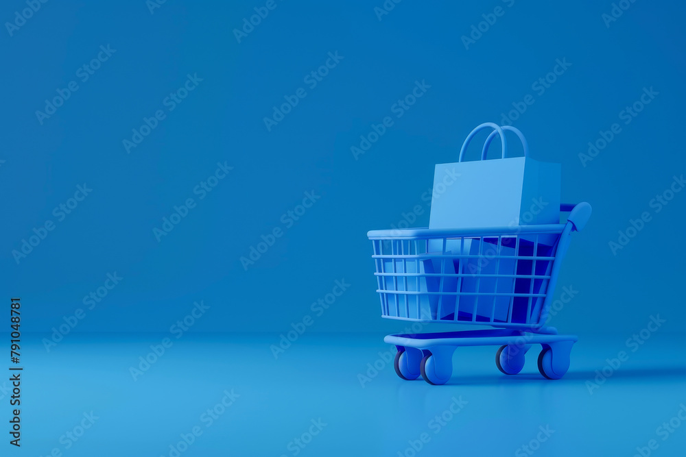 A blue shopping cart is sitting on a blue wall A blue shopping cart is sitting on a blue wall