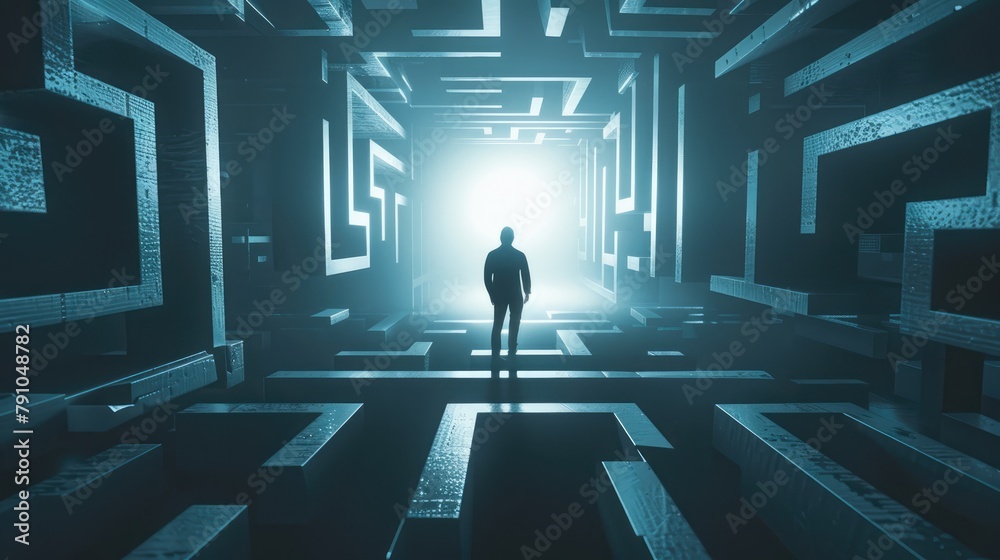 Conceptual image of a businessman at the entrance of a labyrinth, representing challenge and strategic thinking - AI generated Conceptual image of a businessman at the entrance of a labyrinth, representing challenge and strategic thinking - AI generated