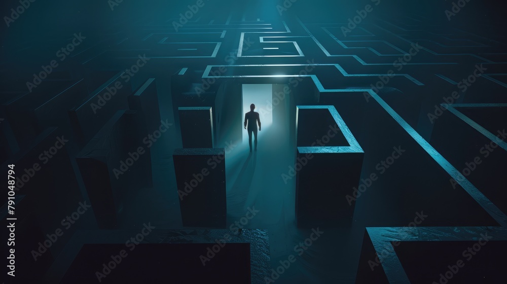 Conceptual image of a businessman at the entrance of a labyrinth, representing challenge and strategic thinking - AI generated Conceptual image of a businessman at the entrance of a labyrinth, representing challenge and strategic thinking - AI generated