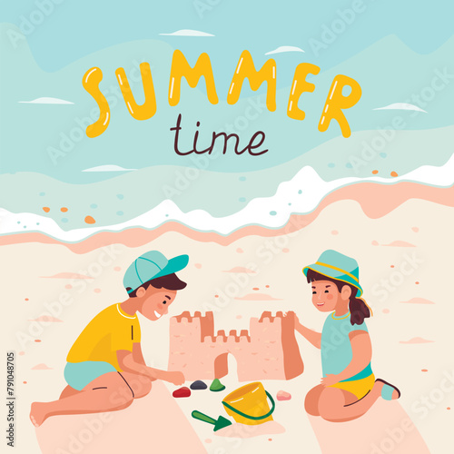 Summer time poster with cartoon children on the sea beach.Little boy and girl are building a sand castle.Cute characters on the ocean.Vector seasonal flat illustration for use in card,banner template.