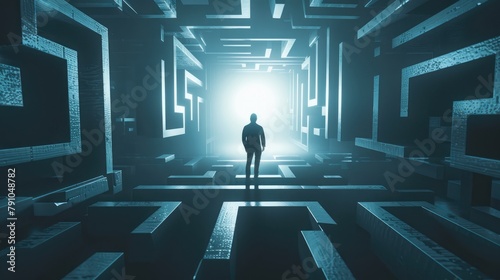 Conceptual image of a businessman at the entrance of a labyrinth, representing challenge and strategic thinking - AI generated