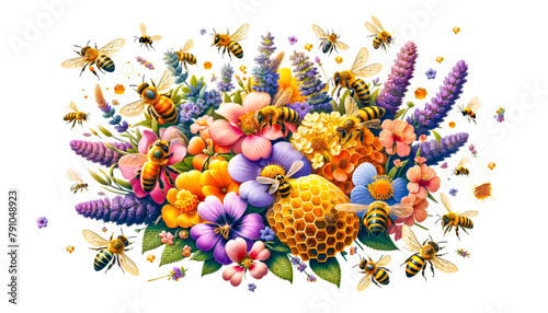 A lively swarm of bees is illustrated in a sea of vibrant flowers and honeycomb, celebrating the beauty and importance of pollination. May 20, World bee day