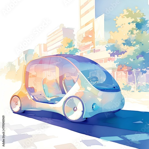 Futuristic Autonomous Vehicle, Watercolor Style, Smart City Transportation Concept