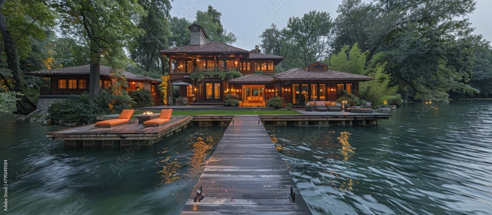 Waterfront property with a private dock and lush landscaped gardens.  - obrazy, fototapety, plakaty 