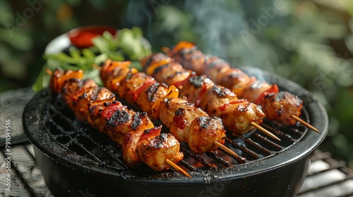   Close-up of grill with skewers of food and veggies in background photo