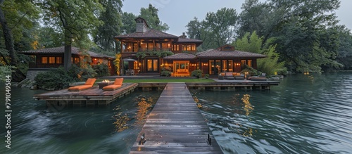 Waterfront property with a private dock and lush landscaped gardens. 