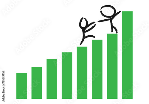 Gráfico verde creciente con dibujo de dos personas subiendo con ayuda.  photo