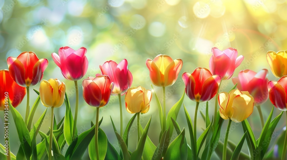 Colorful tulips in neat garden row