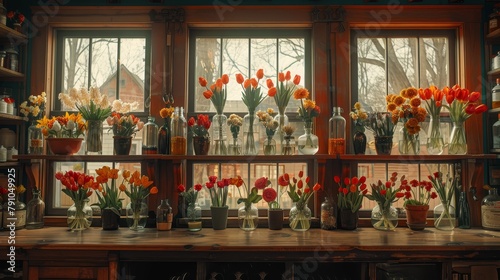  A shelf brimming with numerous vases holding flowers rests beside a generously windowed area, featuring ample sills