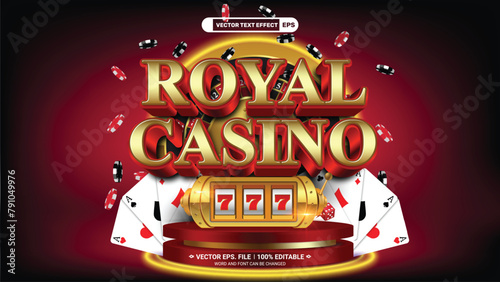 Royal casino editable 3d vector text style effect with casino roulette wheel, poker cards, casino slot machine and casino chips on red podium