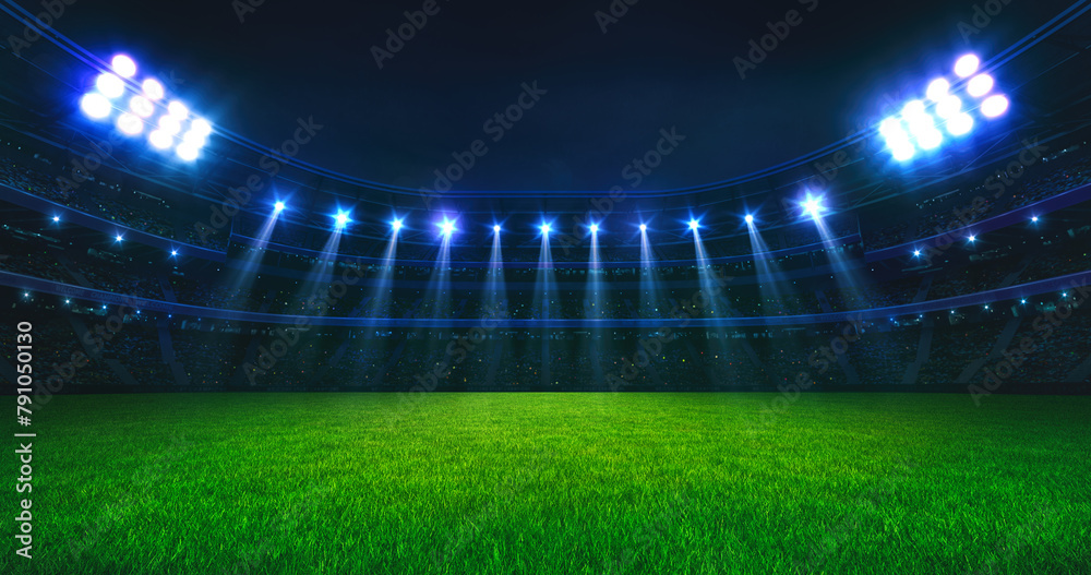 Naklejka premium Spectacular sport stadium with glowing floodlights and empty green grass field. Professional sports background for advertisement.