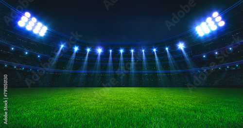 Spectacular sport stadium with glowing floodlights and empty green grass field. Professional sports background for advertisement. photo