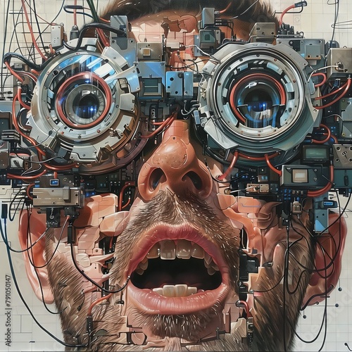 man with an odd appearance. He has a large nose and two large, round eyes that appear to be made of machinery. The eyes are connected to wires and circuit boards, adding to the otherworldly  photo