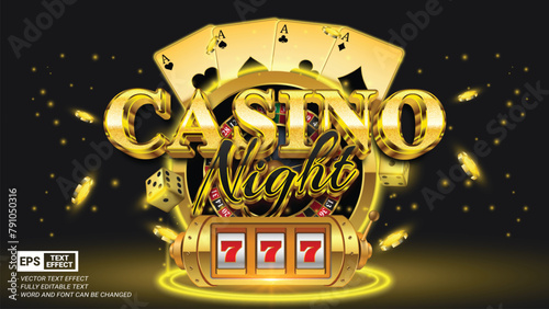 Casino night 3d editable vector text style effect with casino roulette wheel, slot machine and playing poker cards on black background