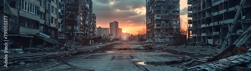 A desolate urban street surrounded by the ruins of buildings at dusk, postapocalyptic stillness hanging in the air