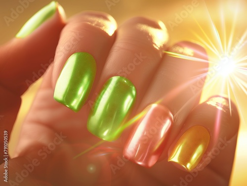 close-up of a woman's left hand with brightly colored nail polish on her long fingers.