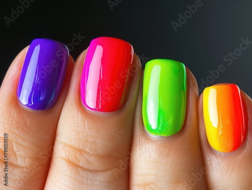 close-up of a person's nails, painted with a rainbow of colors: purple, red, green, yellow, and orange. The nails are short and oval-shaped