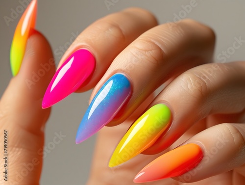 close-up of a woman's left hand with brightly colored nail polish on her long fingers.