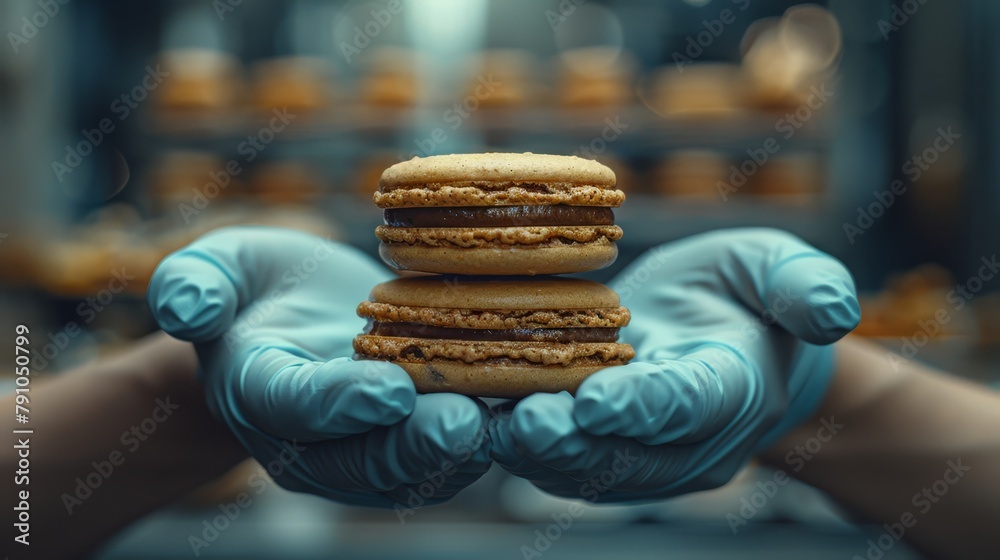   A tight shot of a person grasping a stack of doughnuts against a backdrop of a doughnut shelf
