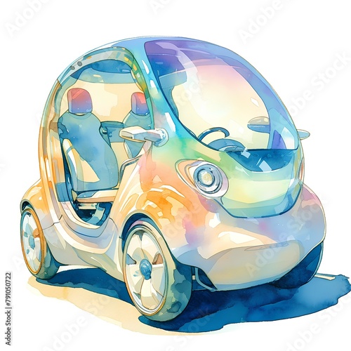 Conceptual Driverless Car, Vibrant Watercolor, Urban Future Transport Illustration