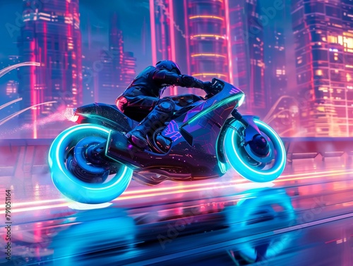 A neonblue motorcycle speeding past futuristic skyscrapers, vivid streaks of light enhancing motion photo