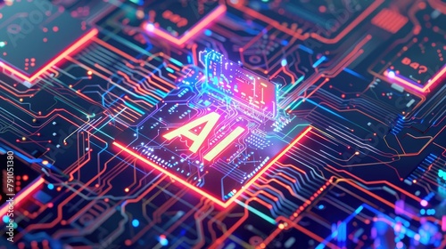 Futuristic AI microchip with glowing neural network paths, symbolizing advanced machine learning and artificial intelligence technology - AI generated