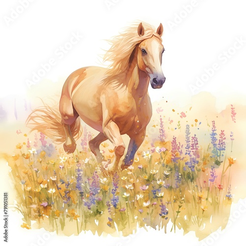 Watercolor illustration, A horse galloping through a field of wildflowers