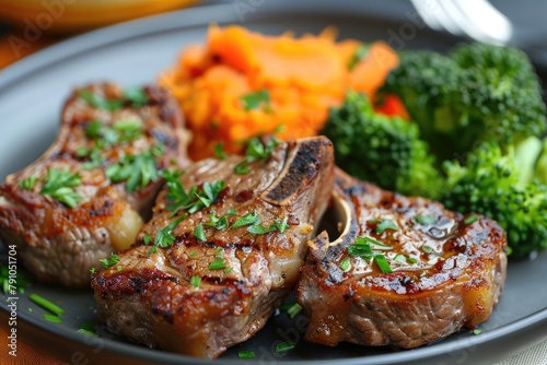 Roasted lamb chops with a side of mashed sweet potato and steamed vegetables. The steamed vegetables are a mix of broccoli and carrots.