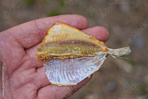 one dry small fish yellow striper lies on the palm of the hand