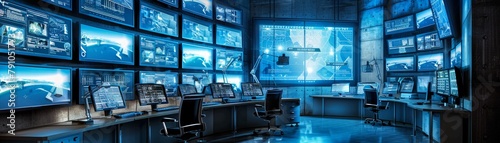 Advanced control room with an array of surveillance monitors, focused on security and constant vigilance photo