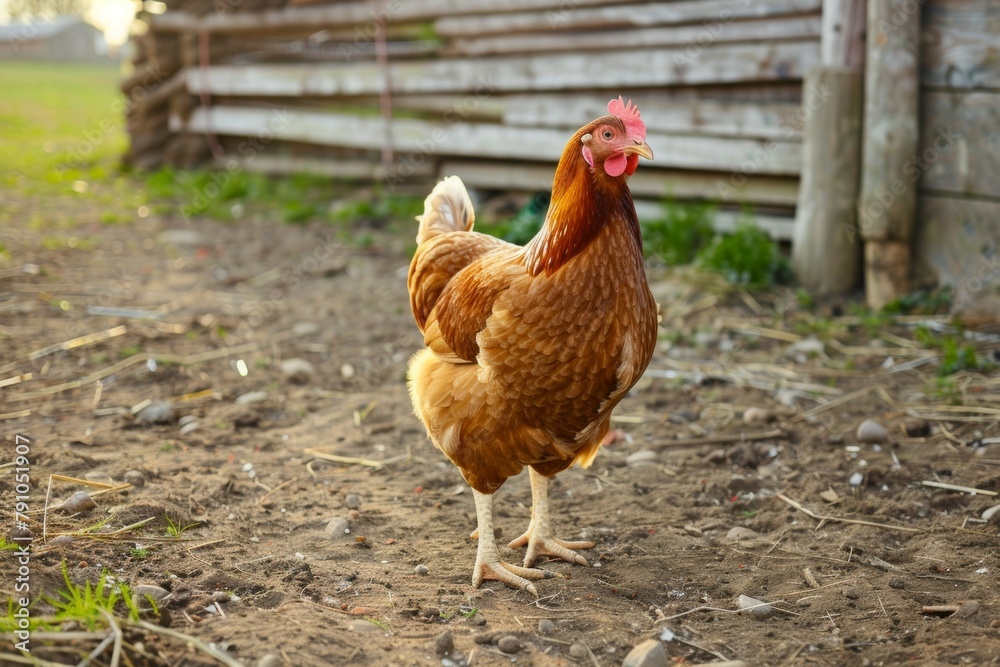 A chicken is standing in a dirt field