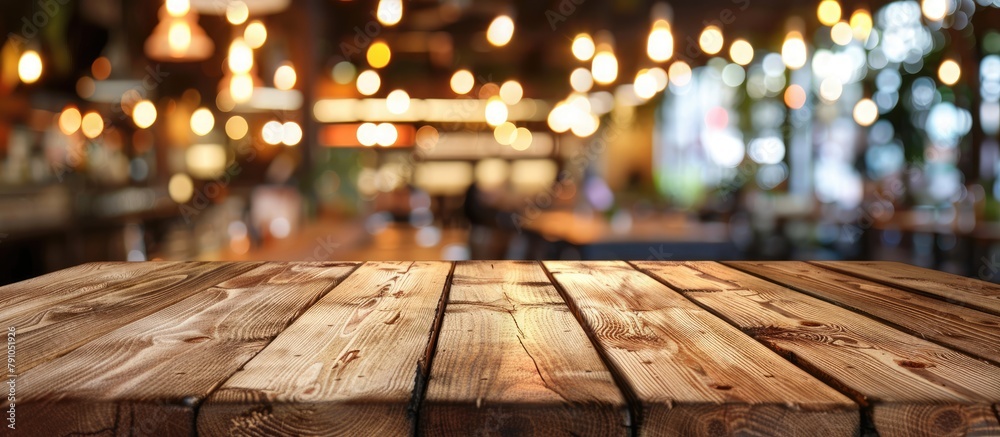 Wooden table in front of a blurred background featuring restaurant lights. Wooden table in front of a blurred background featuring restaurant lights.