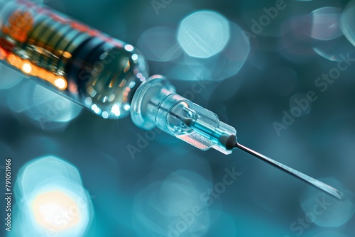 A syringe with a needle is shown in a blurry image