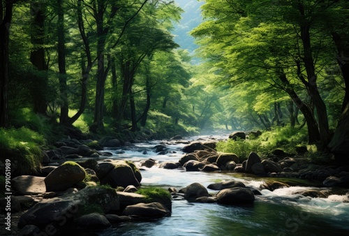 Summer forest landscape with fresh green trees and mountain river  natural background
