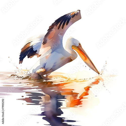 Watercolor illustration, A pelican diving into the water to catch fish, Wildlife Scene with Water Reflection