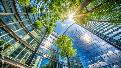 Modern urban ecology. Eco-friendly office building made of glass with green plants planted to normalize the amount of oxygen in the air. Reducing carbon dioxide emissions in the city. 