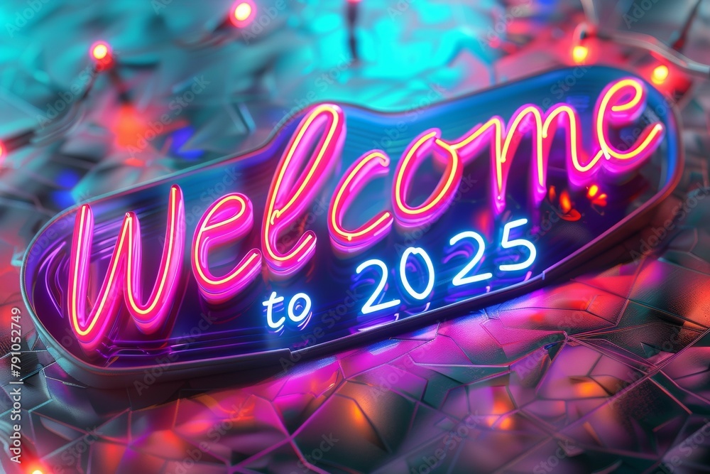 A neon sign that says Welcome to 2025 in pink letters