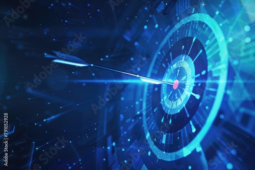 Close-up of a digital dart hitting bullseye, an allegory for precision, goal achievement, and strategic success - AI generated