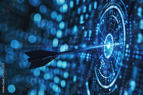 Close-up of a digital dart hitting bullseye, an allegory for precision, goal achievement, and strategic success - AI generated
