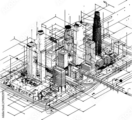 Isometric Wireframe of Los Angeles City, Minimalistic Hologram