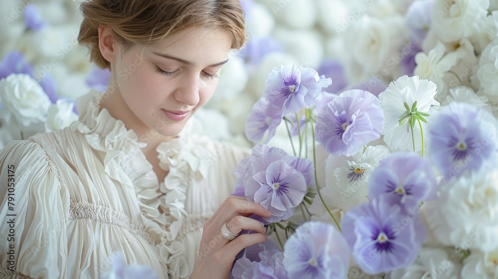 Obraz premium A woman in a white dress holds a bouquet of purple and white flowers before a white and purple flower wall