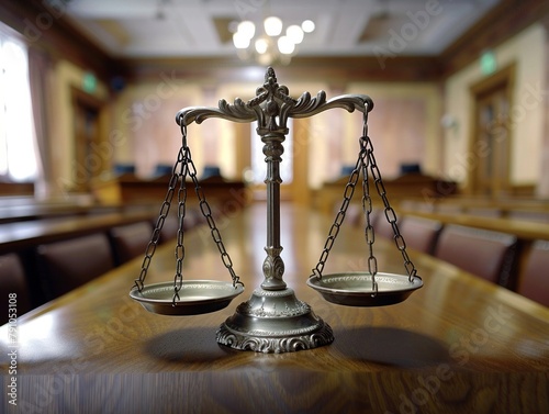 Gavel resting against the scales of justice in a courtroom, a powerful symbol of legal authority and jurisprudence