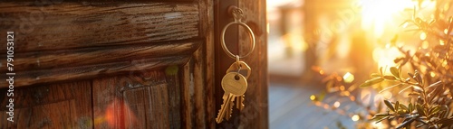 Golden keys dangling beside an open rustic door, warm sunshine flooding a stylish home interior, cozy and inviting