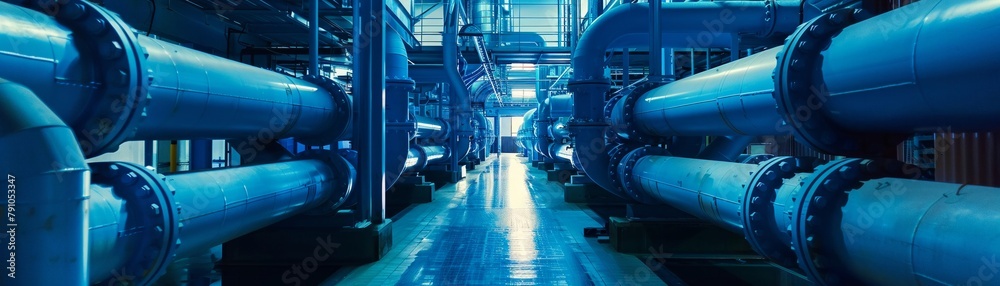 Inside an industrial facility, where blue pipes form a network of essential infrastructure, vital for operations Inside an industrial facility, where blue pipes form a network of essential infrastructure, vital for operations