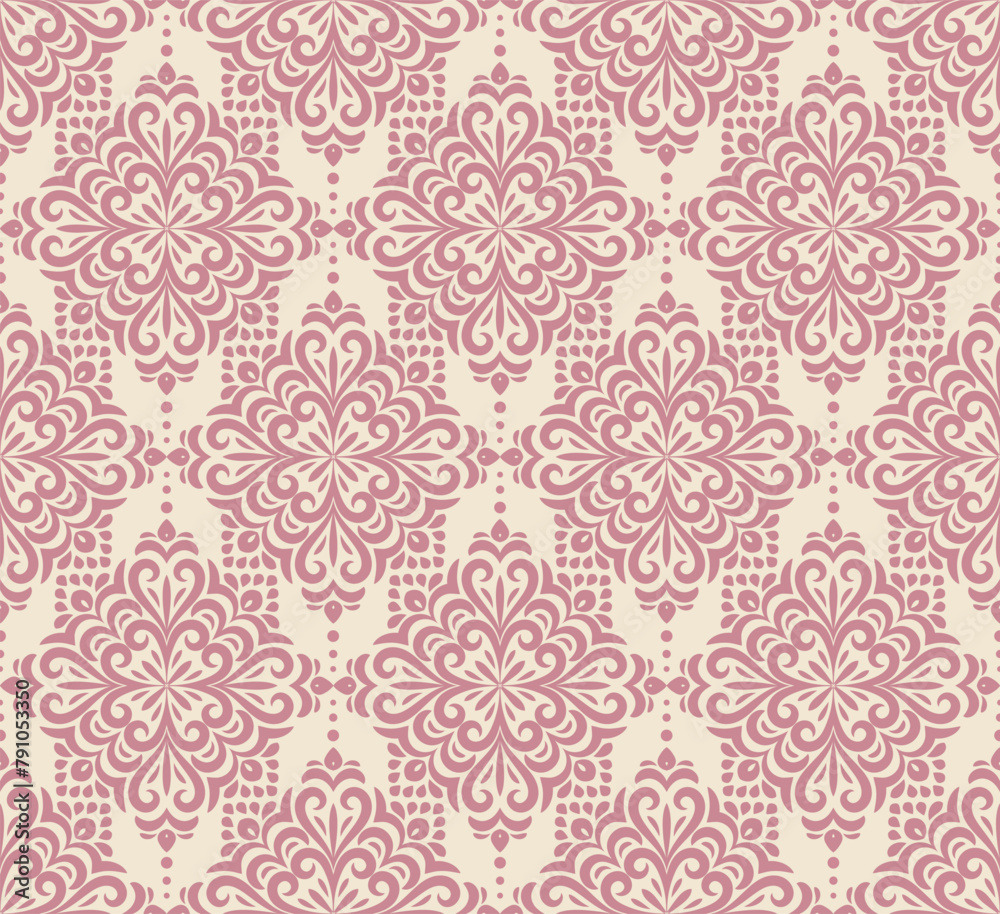 Damask background with rich, old style, luxury ornamentation, pink fashioned seamless pattern, royal vector wallpaper, mandala fabric swatch. Damask background with rich, old style, luxury ornamentation, pink fashioned seamless pattern, royal vector wallpaper, mandala fabric swatch.
